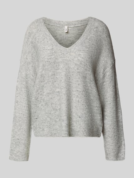 Produktfoto, Regular Fit Strickpullover mit Paillettenbesatz Modell 'ARIZONA' von Only in Melange-Optik mit V-Ausschnitt, Langarm, gerippte Abschlüsse und Strick-Materialverarbeitung.