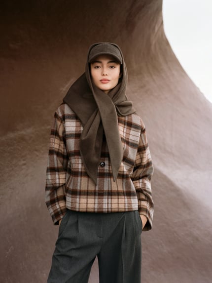 Frauenmodel trägt Jacke mit Umlegekragen und Knopfleiste von Jake*s Collection in Braun-Beige-Karo, Regular-Fit, Nahaufnahme Oberkörper, Rückenlänge 56 cm, Schulterbreite 53 cm, Brustweite 58 cm, Ärmellänge 57 cm.