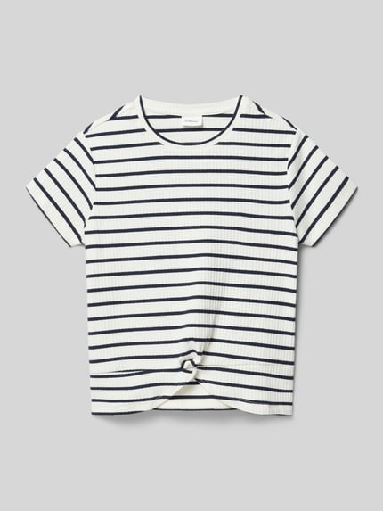 Productfoto, Slim Fit T-Shirt aus Baumwoll-Mix van s.Oliver RED LABEL, gestreept all-over patroon, ribstructuur, katoenmengsel, ronde hals, korte mouwen, knoopdetail.