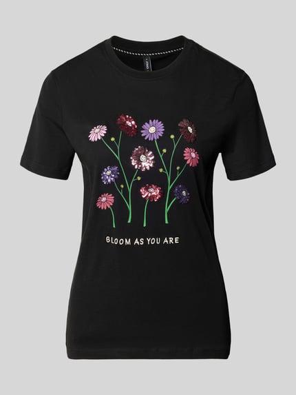 Produktfoto, Slim Fit T-Shirt aus reiner Baumwolle Modell 'KITA' von Only, Optik: Unifarben, Motiv-Print mit Pailletten, Rundhals, Kurzarm, Jersey