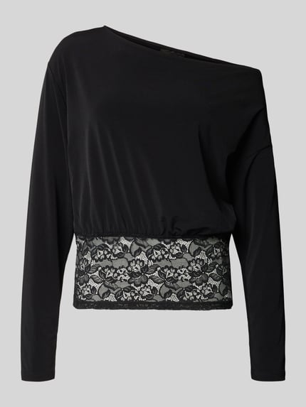 Productfoto, zwart Longsleeve met asymmetrische halslijn model ‘Mirelin’ van Gina Tricot, nauwsluitende fit, stretch-materiaalmix, kanten inzet