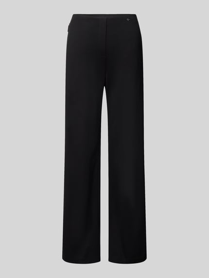 Produktfoto, Stoffhose mit elastischem Bund von Marc Cain in Schwarz, lockerer Schnitt, Reißverschlusstaschen, glatte Textur, Viskose-Mix mit Stretch-Anteil, Vorderansicht.
