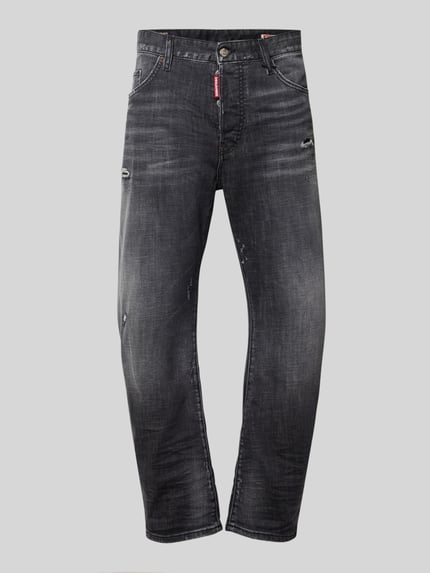 Produktfoto, Straight Fit Jeans aus Baumwoll-Mix von Dsquared2, kolor grafitowy, Przetarcia, zapięcie na guzik i zamek błyskawiczny, 5 kieszeni, Detal z logo, mieszanka bawełny i elastanu, Szerokość w rozmiarze 50: 48 cm, Długość wewnętrzna nogawki w rozmiarze 50: 70 cm