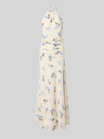 Produktfoto, Maxikleid mit Neckholder Modell 'Gabina' von Neo Noir aus Chiffon in Creme mit blauen Blumen, Raffungen, blickdichtes Unterkleid