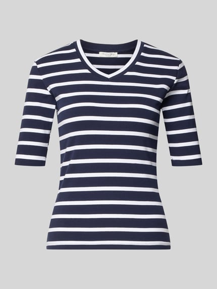 Productfoto, T-shirt met streepmotief en V-hals van Christian Berg Woman, Mix van katoen en elastaan, regular fit, streepmotief, ruglengte maat S 55 cm