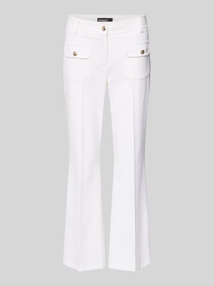 Productfoto, Flared Fit Hose met viscoseaandeel model 'FARAH' van Cambio, effen wit, cropped lengte, mid waist, riemlussen, knoopsluiting, label patch.