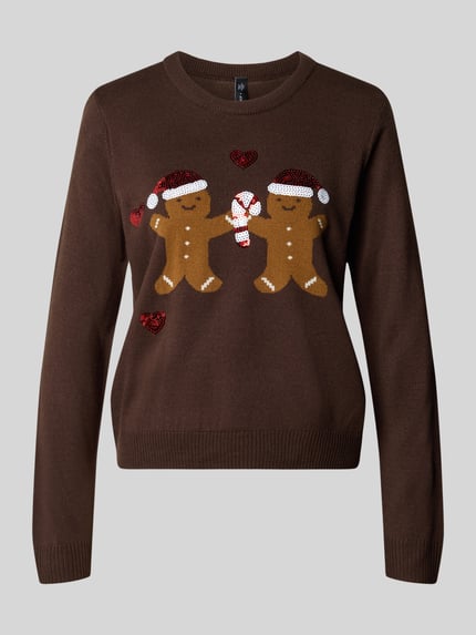 ONLY Strickpullover mit weihnachtlichem Motiv-Print Schoko 1