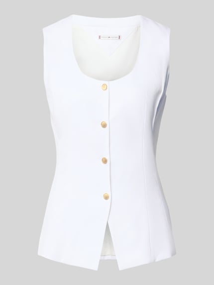 Productfoto, Slim Fit Weste aus Leinen-Mix van Tommy Hilfiger, effen wit, ronde hals, gouden knopen, linnenmix, strakke pasvorm