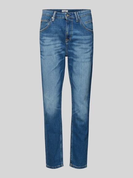 Produktfoto, Slim Fit Jeans mit Stretch-Anteil Modell 'Freja' van MARC O’POLO, blauwe denim, used-look, 5-pocket, bio-katoen, mid-rise, zichtbare knoopsluiting.