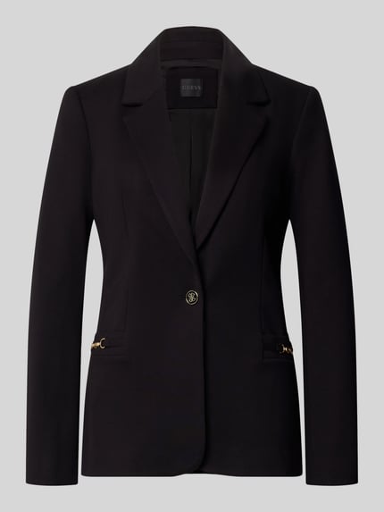 Produktfoto, schwarzer Slim Fit Blazer mit goldfarbenen Zier-Applikationen, Knopfverschluss, Modell 'WANDA' von GUESS, glatte Oberfläche