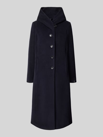 Produktfoto, dunkelblauer Mantel mit Schalkragen und Knopfverschluss, Eingrifftaschen, Modell 'Nella' von Milo Coats, Regular Fit, glatte Textur.