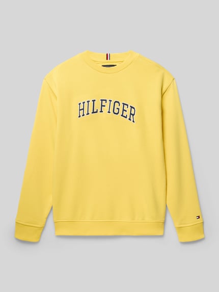 Produktfoto, Regular Fit Sweatshirt aus Baumwoll-Mix von Tommy Hilfiger Teens, żółty, jednolity kolor, nadruk z logo, okrągły dekolt, długie rękawy, ściągacze, materiał sweat