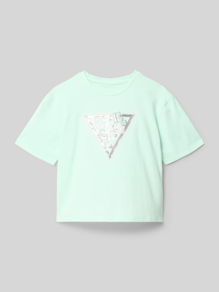 Produktfoto, Regular Fit T-Shirt mit Logo-Stitching von Guess, Kinder T-Shirt aus elastischem Baumwoll-Mix mit Rundhalsausschnitt, Pailettenbesatz, Farbe Mint, glatte Textur, Rückenlänge bei Größe 128: 48 cm.