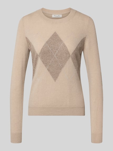 Produktfoto, Slim Fit Strickpullover aus Kaschmir-Mix mit Rundhalsausschnitt von Christian Berg Woman, beżowy, wzór w romby, prążkowane wykończenia, imitacja dzianiny, krój z długim rękawem, Mieszanka kaszmiru, długość tyłu w rozmiarze S: 54 cm, długość rękawów w rozmiarze S: 63 cm