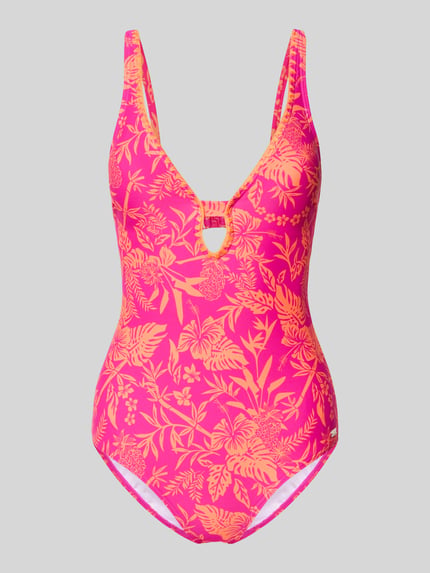 Produktfoto, Slim Fit Badeanzug mit Schlüssellochausschnitt Modell 'Kensi' von VENICE BEACH, Elastischer-Material-Mix, floraler Allover-Print, leuchtendes Pink-Orange, verstellbare Schulterriemen, Cut-Out auf der Rückseite