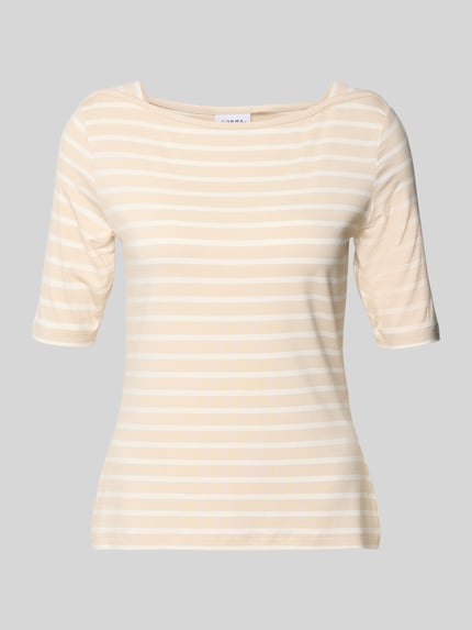 Produktfoto, T-Shirt mit U-Boot-Ausschnitt von Comma, Damen T-Shirt, Viskose-Elasthan-Mix, Slim-Fit, 1/2-Ärmel, cremefarbene Streifenoptik