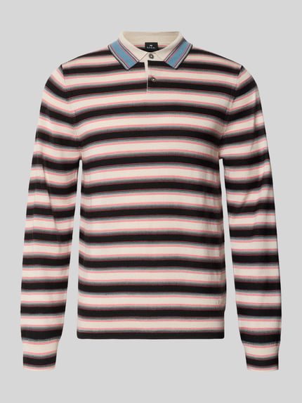 Produktfoto, Poloshirt aus reiner Wolle von Paul Smith mit Langarm, Streifenmuster in Creme, Schwarz, Rosa und Blau, Regular Fit, Vorderansicht, Rückenlänge bei Größe M 63 cm