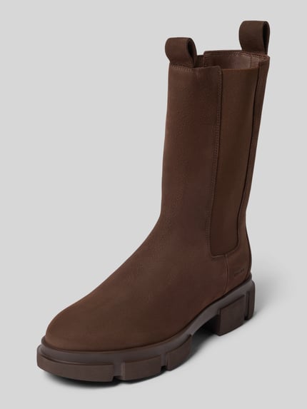 Produktfoto, Lederstiefel mit Label-Detail van Copenhagen, dames laars van echt leer in bruin met afgerond model, structuurzool, maat 39 hakhoogte 5 cm, schachthoogte 23 cm, schachtbreedte 13 cm
