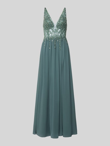 Produktfoto, Abendkleid mit Ziersteinen von Mascara in Taillierter Passform, ärmellos, V-Ausschnitt, doppellagiger Rockteil, Ziersteinbesatz, Reißverschluss am Rücken, in grün-blauen Tönen, strukturierte Oberfläche, geeignet für Damen.