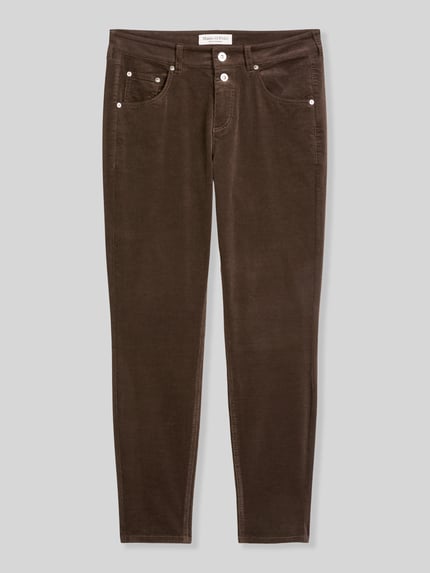 Produktfoto, Boyfriend Fit Cordhose aus Baumwoll-Mix von Marc O'Polo in Dunkelbraun, feine Cordstruktur, sichtbare Taschen, Damen Cordhose von Marc O'Polo
