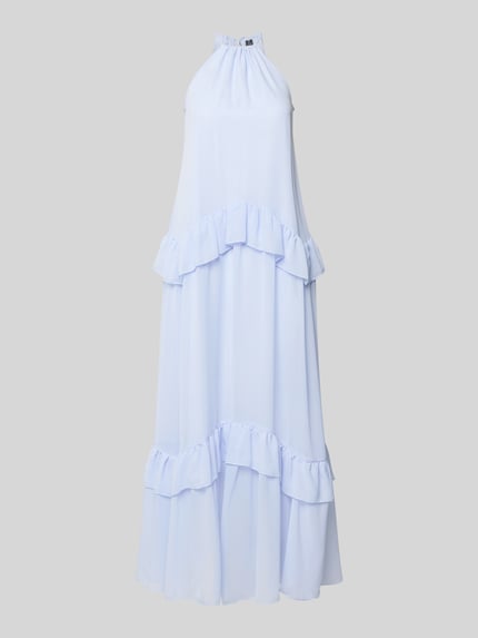 Produktfoto, jasnoniebieska sukienka midi o kroju A-linie, wykonana z siateczki, z falbanami, model A-Linie Cocktailkleid mit Unterkleid Modell 'MACKENZIE' od Vero Moda, optyka jednolita, wysoki dekolt