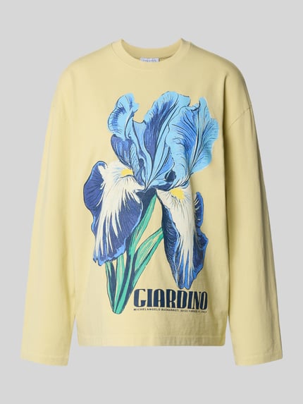 Productfoto, Longsleeve met motiefprint en ronde hals van Topshop, dames shirt met lange mouwen in puur katoen, relaxed fit, ruglengte maat S 63 cm, pastelgeel met grote blauwe bloemprint, zachte textuur