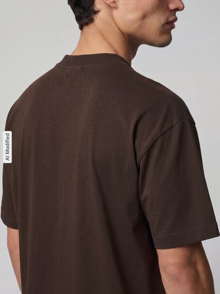 Männermodel trägt Relaxed Fit T-Shirt mit Rundhalsausschnitt Modell 'OSCAR' von SELECTED in Braun, reine Baumwolle, Rückansicht, KI-modifiziertes Bild.