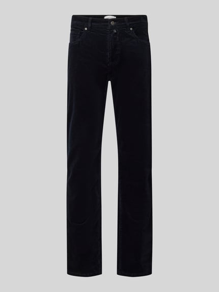 Produktfoto, Straight Fit Cordhose aus elastischem Baumwoll-Mix Modell 'Laval' von Pierre Cardin, czarny kolor, drobna prążkowana tekstura, 5 kieszeni, szlufki na pasek, zapięcie na guzik i zamek, Szerokość w rozmiarze 32/32: 39 cm, długość nogawki wewnętrznej: 82 cm