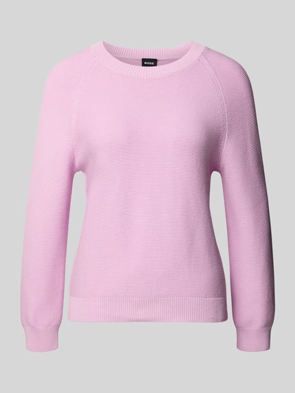 Productfoto, lichtroze Boxy Fit Strickpullover aus reiner Baumwolle Modell 'FOVILA' van BOSS, unikleurig, gebreide textuur, crew neck, lange raglanmouwen, geribde boorden, dames strickpullover