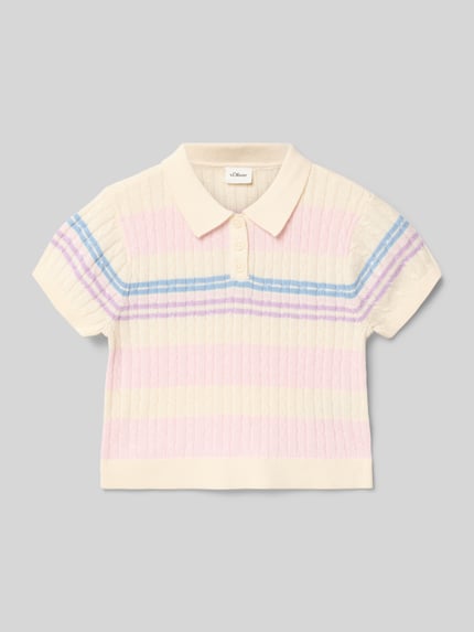 Produktfoto, Regular Fit Strick-Shirt aus Baumwoll-Mix von s.Oliver RED LABEL, gestreift all-over motief, kabelpatroon, korte mouw, katoenmix, pastelkleuren, tricotlook