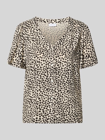 Produktfoto, Bluse mit V-Ausschnitt Modell 'GRACE' von Vila, beige mit schwarzen Punkten, Knopfleiste, kurzer Arm, gerade geschnitten