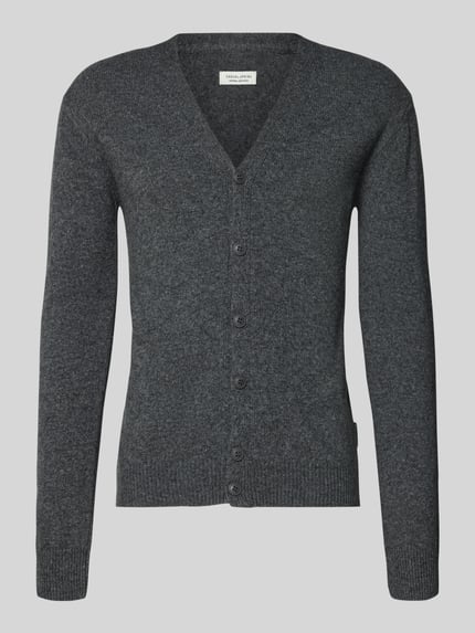 Productfoto, Strickjacke mit Knopfleiste Modell 'KARL' van Casual Friday, katoenmix, slim fit, geribde zooms, V-hals, antracietgrijs.