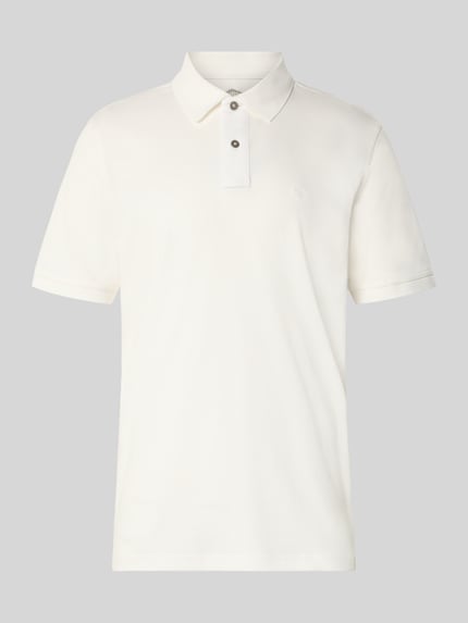 Produktfoto, cremeweißes Regular Fit Poloshirt mit Logo-Stitching von Fynch-Hatton aus reiner Baumwolle, Polokragen, kurze Knopfleiste.
