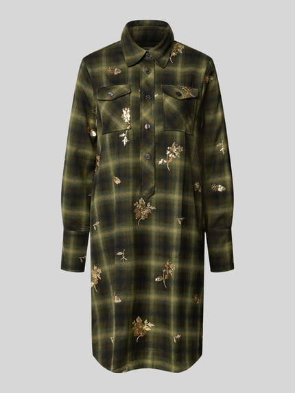 Produktfoto, Knielanges Hemdblusenkleid mit Pailletten Modell 'MARTERA' von 0039 Italy im grünen Karomuster, gerader Schnitt, Allover-Look, Hemdblusenkragen, Knopfleiste und Brusttaschen, Material-Mix mit Viskose-Anteil