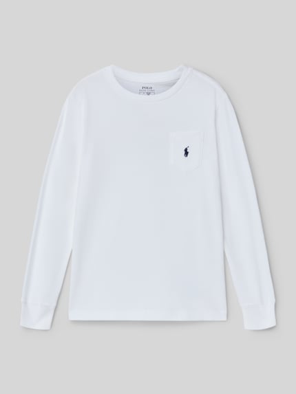 Productfoto, Regular Fit Langarmshirt aus reiner Baumwolle van Polo Ralph Lauren Kids, wit unikleurig jersey met logo-stitching op borstzak, ronde hals, lange mouwen met geribde boorden, kindermode