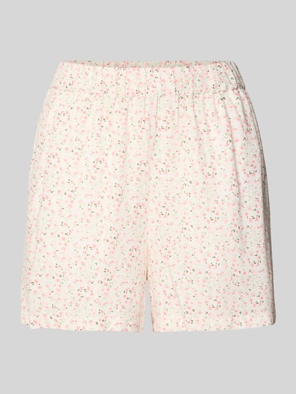 Produktfoto, Regular Fit Shorts aus reiner Viskose Modell 'BARRI' von Pieces mit Optik:Allover-Muster, florale Muster, zarte Textur, Bundabschluss: elastisch, seitliche Eingrifftaschen, Material: reine Viskose, helle Grundfarbe mit kleinen rosa und grünen Details.