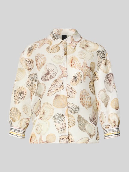 Produktfoto, Bluse aus Leinen-Mix mit 3/4-Arm von Marc Cain, dames blouse, mix van linnen en zijde, straight fit, overhemdkraag, verborgen knoopsluiting, 3/4-mouwen, ruglengte maat 36: 61 cm, mouwlengte maat 36: 40 cm, licht beige met bruine en crèmekleurige schelpmotieven, fijne linnentextuur