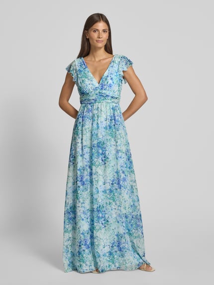 Jake*s Cocktail Maxikleid mit Volants und Taillenband Blau Melange 4