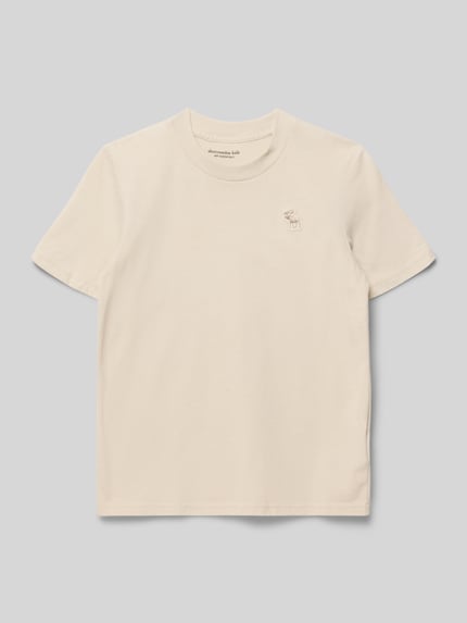 Produktfoto, cremefarbenes T-Shirt mit Rundhalsausschnitt und Label-Stitching von Abercrombie&Fitch, Regular Fit, dezente Struktur