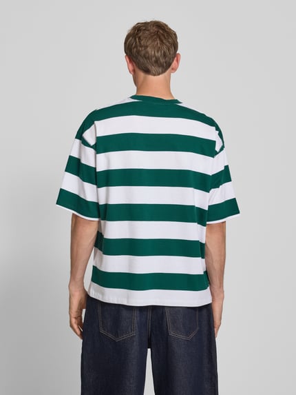 Männermodel trägt T-Shirt mit Label-Stitching und Rundhalsausschnitt von REVIEW, grün-weiß, Reine Baumwolle, Relaxed-Fit, Allover-Look, Ganzkörperansicht Rückansicht.