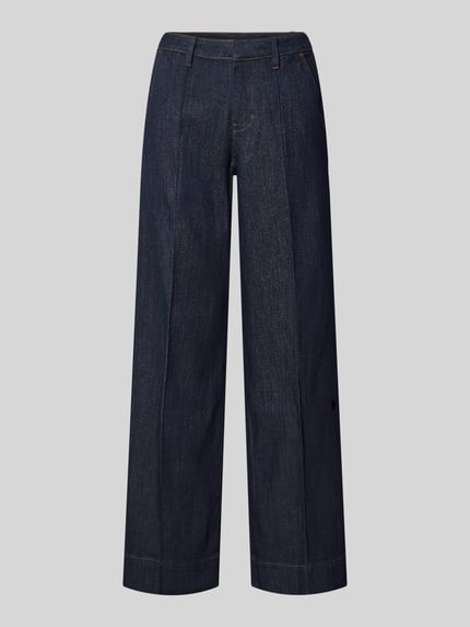 Produktfoto, Wide Leg Jeans aus katoenmix van s.Oliver RED LABEL in glanzende denimlook, wide leg pasvorm, high waist, 5-pocketmodel, met labelpatch, knoop- en ritssluiting.