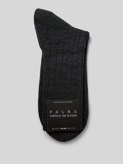 Produktfoto, Strümpfe aus Schurwollmischung Modell 'Teppich im Schuh' von FALKE in dunklem Grau, Rippenstruktur, verstärkte Belastungszonen, gepolsterte Sohle.