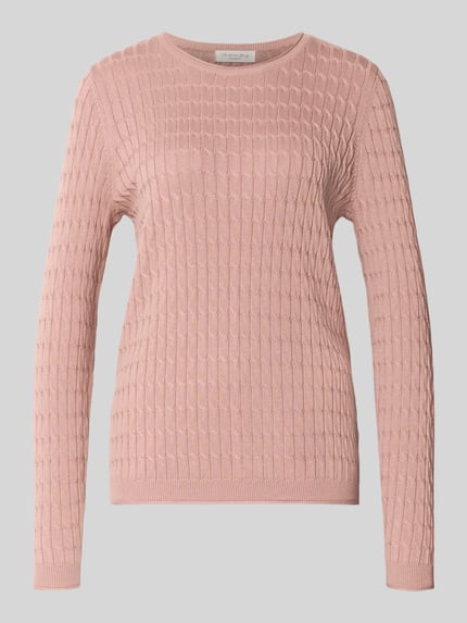 Produktfoto, Slim Fit Strickpullover mit Zopfmuster von Christian Berg Woman in Rosa, Baumwoll-Mix, gerippte Blende, Rundhalsausschnitt, Langarm, strukturierte Oberfläche