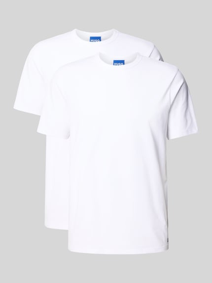 Produktfoto, Regular Fit T-Shirt-Set aus Baumwoll-Mix Modell 'NAOLO' od HUGO Blue, gładkie, biały jersey, 2-pak, nadruk z logo, dekolt okrągły, krótki rękaw
