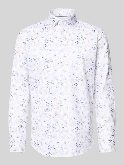 Produktfoto, Regular Fit Business-Hemd mit Florales-Muster und Haifischkragen von Christian Berg Men aus Reine Baumwolle, Knopfleiste, Weiß mit zarten Pastellfarben, glatte Oberfläche, für Herren, Rückenlänge 79 cm, Schulterbreite 49 cm, Ärmellänge 67 cm, Größe 39/40