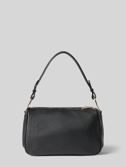 Produktfoto, schwarze Henkeltasche mit Label-Schriftzug Modell 'THAOE RE' von Valentino Bags, feine genarbte Lederoptik, goldene Details