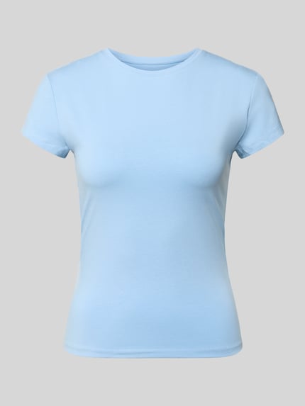 Productfoto, T-Shirt met ronde hals van REVIEW, dames T-shirt van katoen-elastaanmix, slim fit, lichtblauw, ruglengte maat S 51 cm