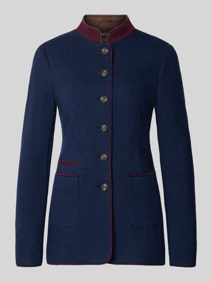 Produktfoto, Slim Fit Blazer aus Lanawolle-Mix mit Stehkragen von White Label, damski żakiet w kolorze granatowym z kontrastującymi bordowymi lamówkami, krój slim fit, stehkraag, guziki, naszywane kieszenie, długość tyłu w rozmiarze 36: 70 cm, szerokość w rozmiarze 36: 50 cm, długość rękawa w rozmiarze 36: 63 cm, tekstura tkaniny wełnianej