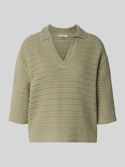 Produktfoto, Strickpullover mit V-Ausschnitt und 3/4-Arm Modell 'Garakino' von OPUS, bawełna, krój relaxed fit, kolor oliwkowy, faktura dzianiny
