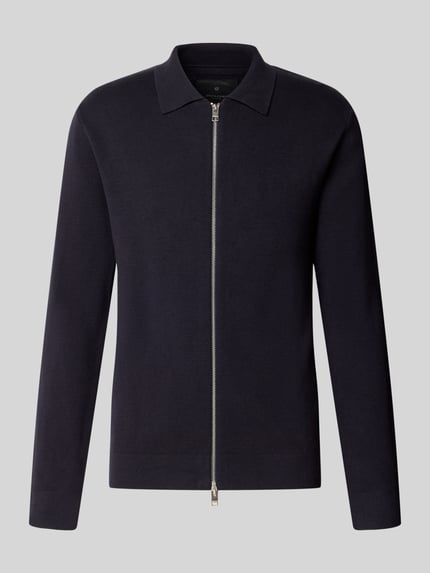 Produktfoto, Cardigan mit Zweiwege-Reißverschluss Modell 'MILANO' von JACK & JONES Premium, reine Baumwolle, dunkelblau, Umlegekragen, glatte Textur, Regular Fit